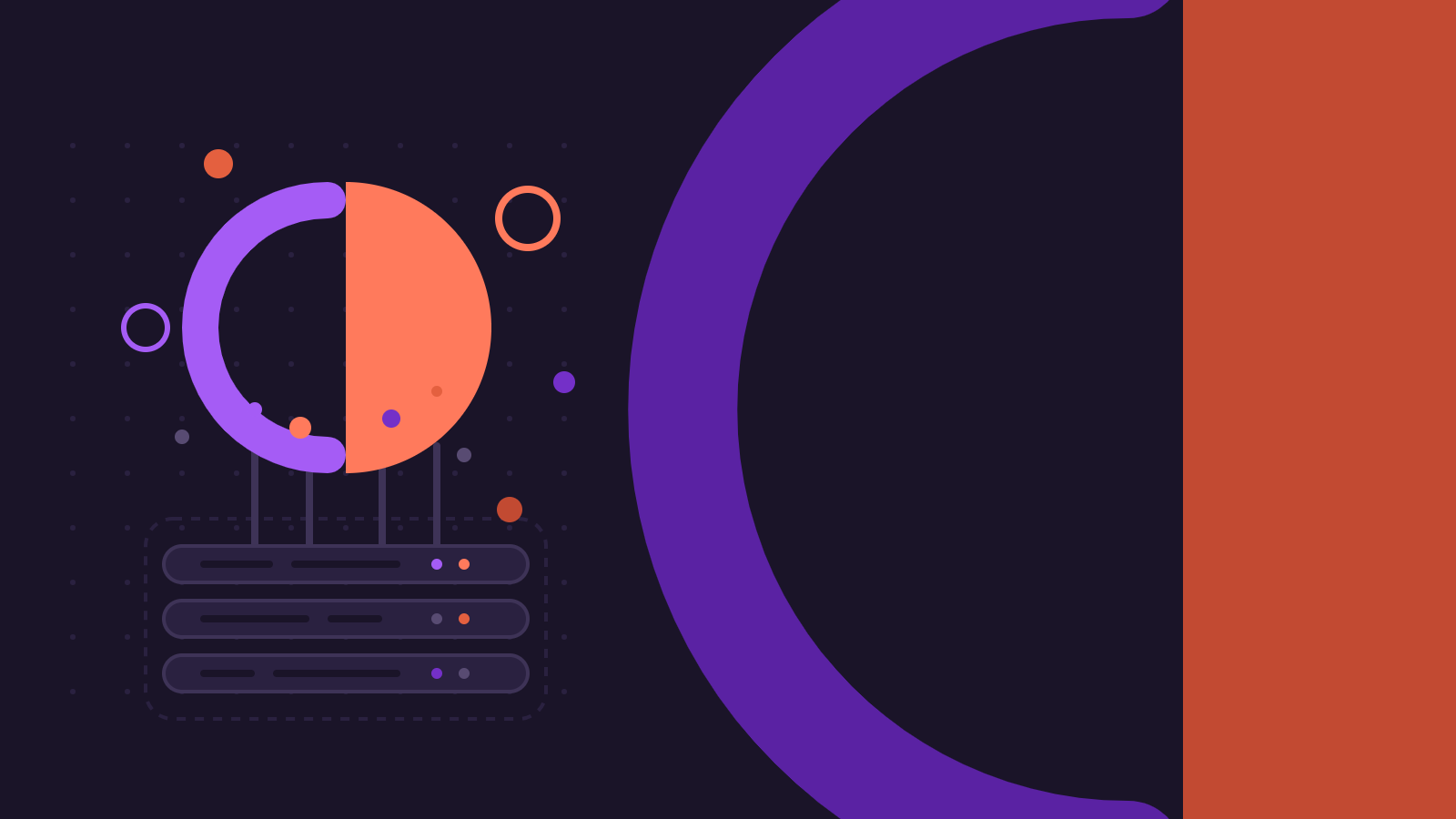 A large split violet and coral sphere hovers above standard cloud server racks, absorbing small data dots to represent a unified compute layer.